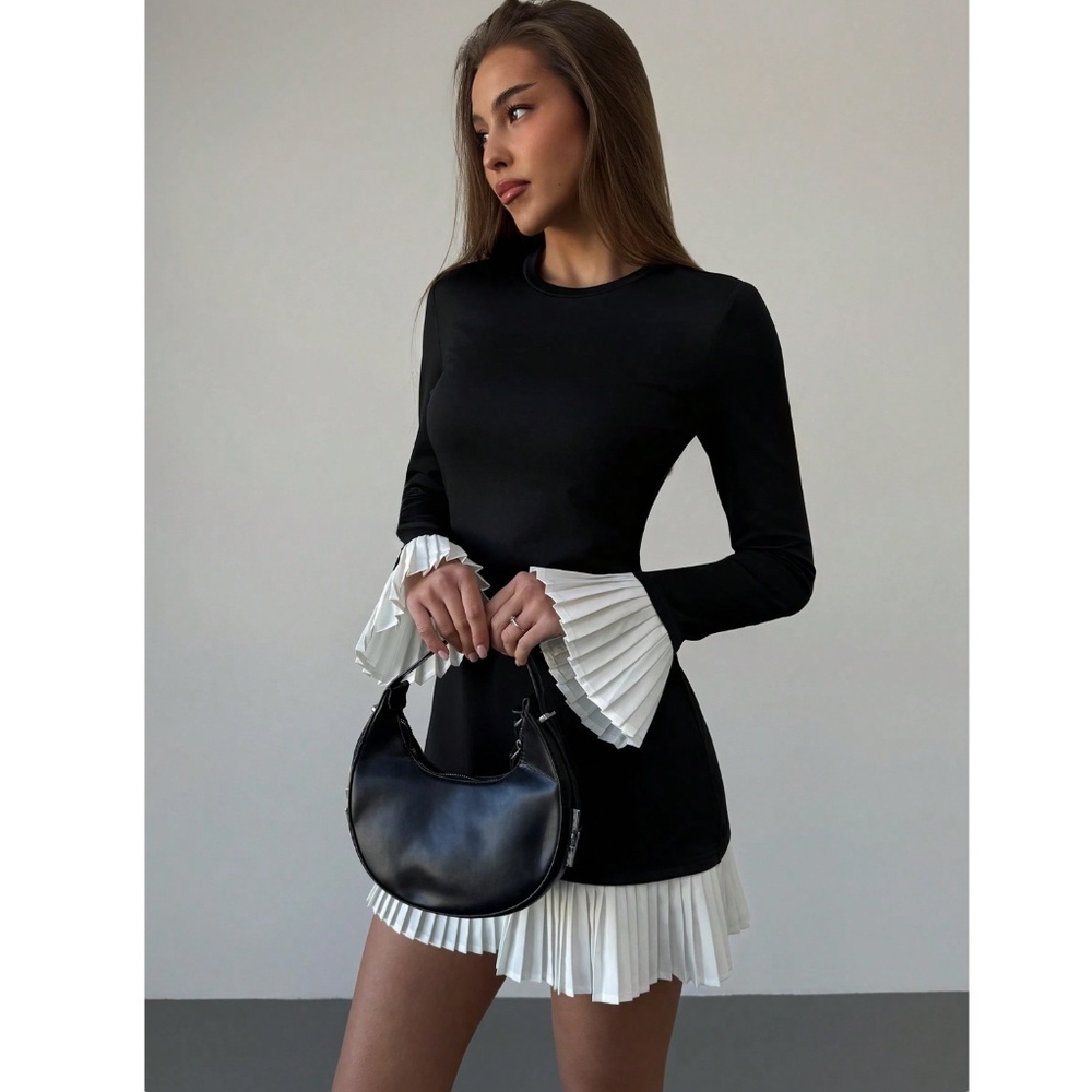 Short Black Dress White Skirt Cuff Pleated Trim Long Sleeve - Picture 2 of 10